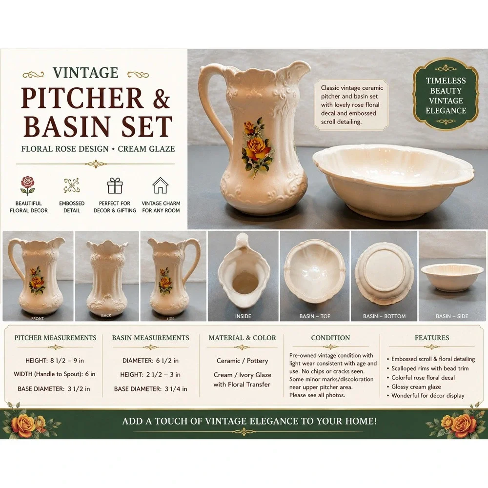 Vintage Ceramic Pitcher and Basin Set Cream Floral Rose Embossed Scroll Detail